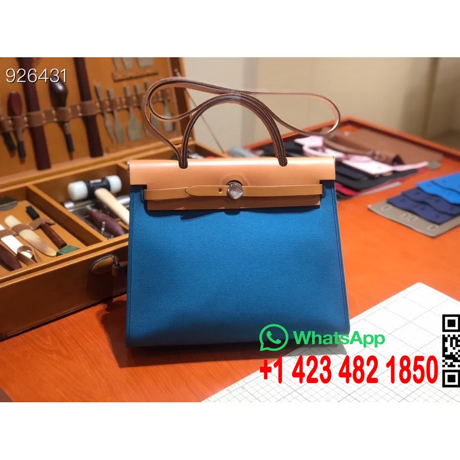 Hermes Toile H Herbag Zip Pm 31cm Bavlněné Plátno Palladium Hardware, Blue De Galice/zlato