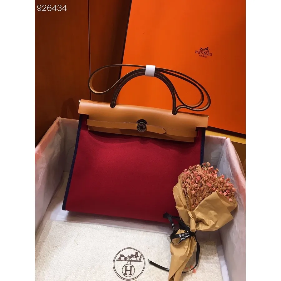 Hermes Toile H Herbag Zip Pm 31cm Bavlněné Plátno Palladium Hardware, Rubín/černý S černým Stehem