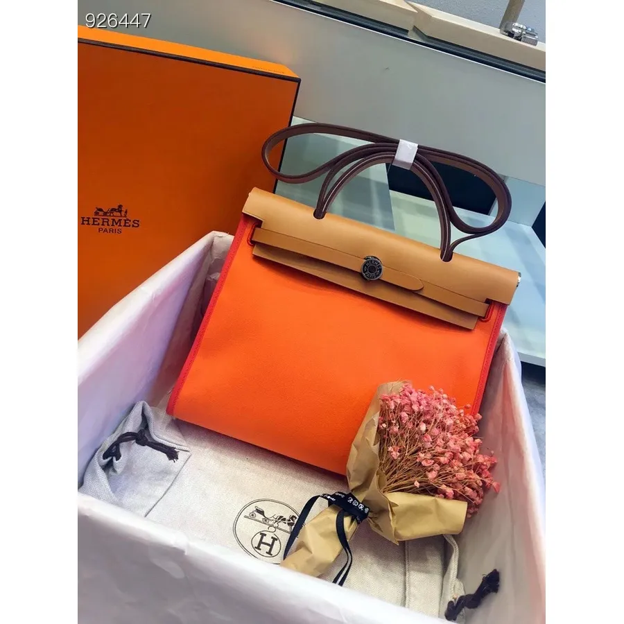 Hermes Toile H Herbag Zip Pm 31cm Bavlněné Plátno Palladium Hardware, Oranžový Mák/zlato