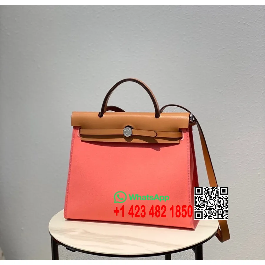 Hermes Toile H Herbag Vetoketju Pm 31cm Puuvillakangas Palladium Laitteisto, Lohen Pinkki/kulta