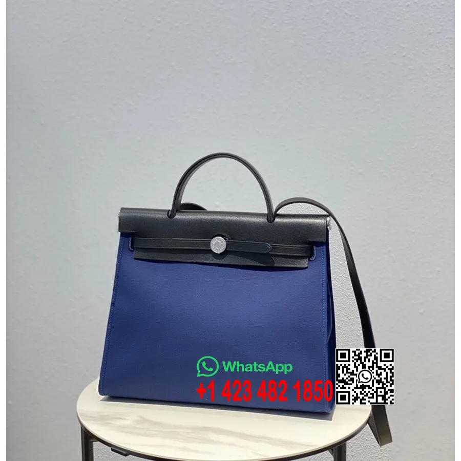 Hermes Toile H Herbag Zip Pm 31cm памучно платно паладиев хардуер, син ахат/черен