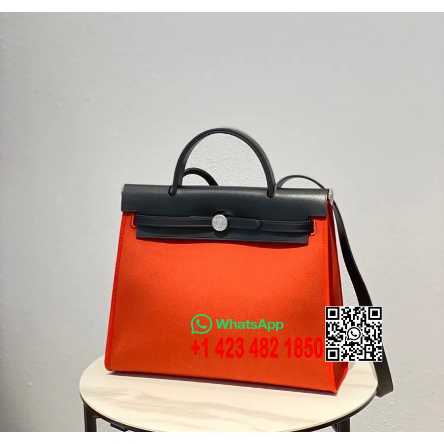 Hermes Toile H Herbag Zip Pm 31cm Bomull Canvas Palladium Hårdvara, Orange Vallmo/svart