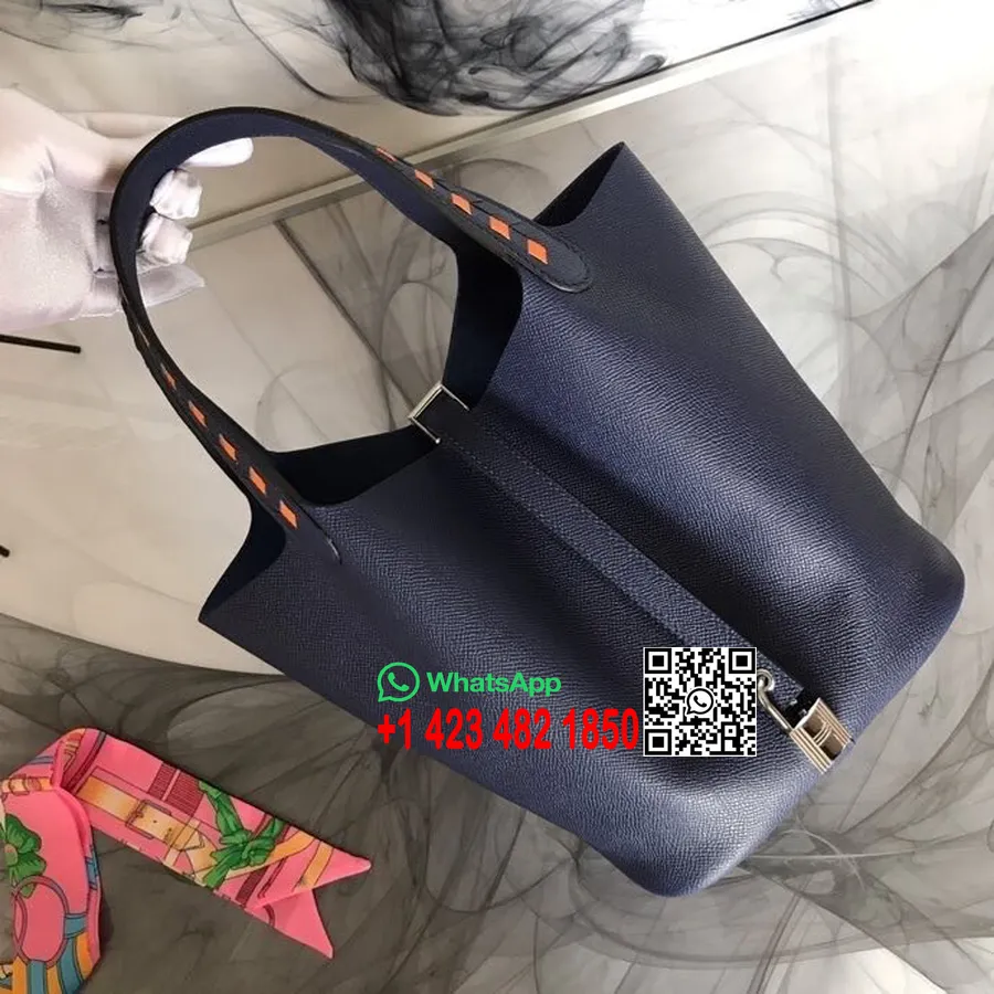 Tas Kunci Hermes Tressage De Cuir Picotin 22cm Perangkat Keras Paladium Kulit Anak Sapi Epsom Jahitan Tangan, Saphir Biru