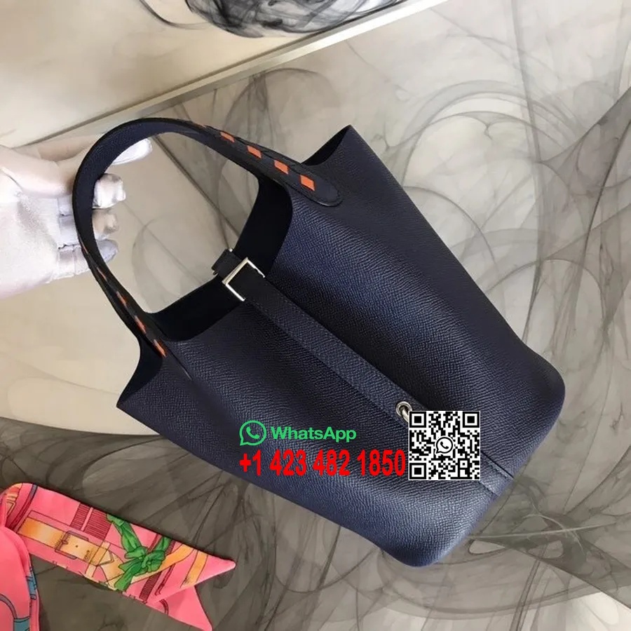 Tas Kunci Hermes Tressage De Cuir Picotin 18cm Perangkat Keras Paladium Kulit Anak Sapi Epsom Jahitan Tangan, Saphir Biru