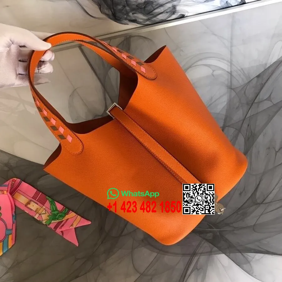 Hermes Tressage De Cuir Pikotiini Lukukott 18 Cm Epsom Vasikanahast Käsitsi õmmeldud Pallaadiumi Riistvara, Oranž Moon