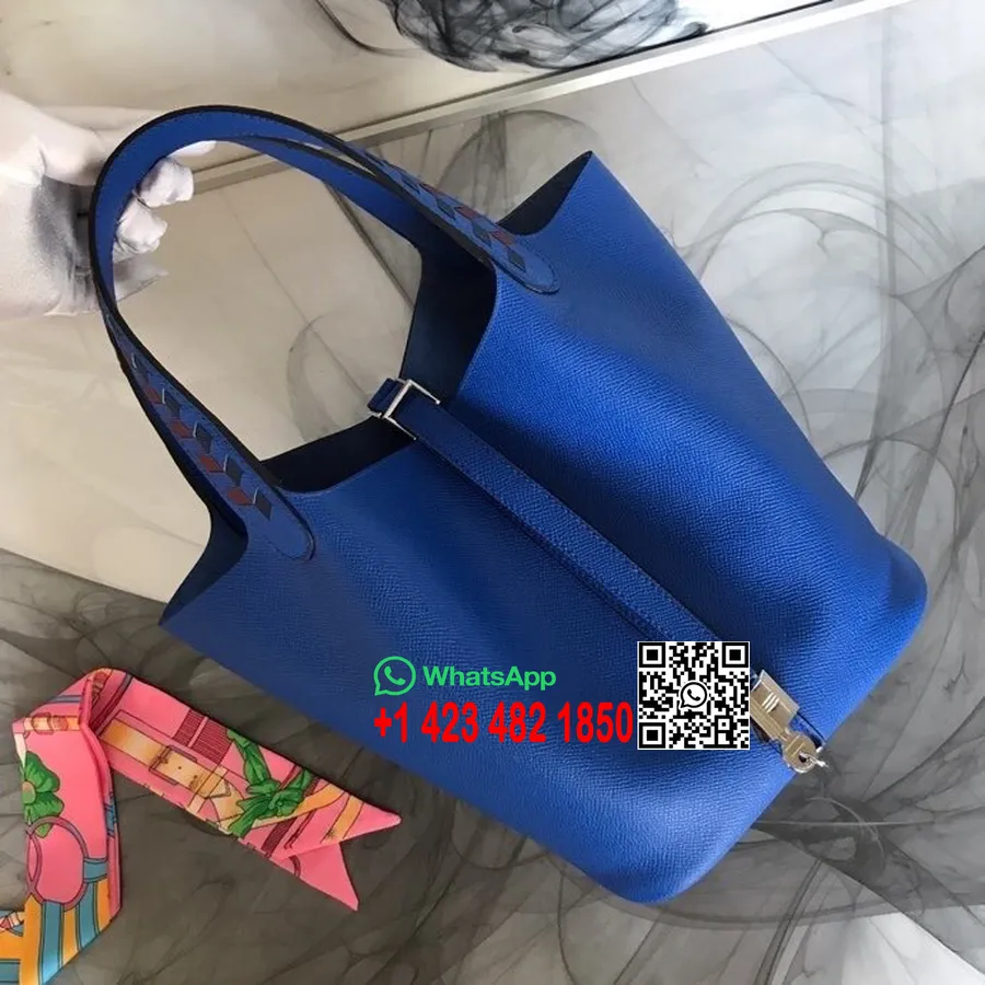 Hermes Tressage De Cuir Pikotin Låsväska 22 Cm Epsom Kalvskinn Handsydd Palladium-hårdvara, Blå Zellige