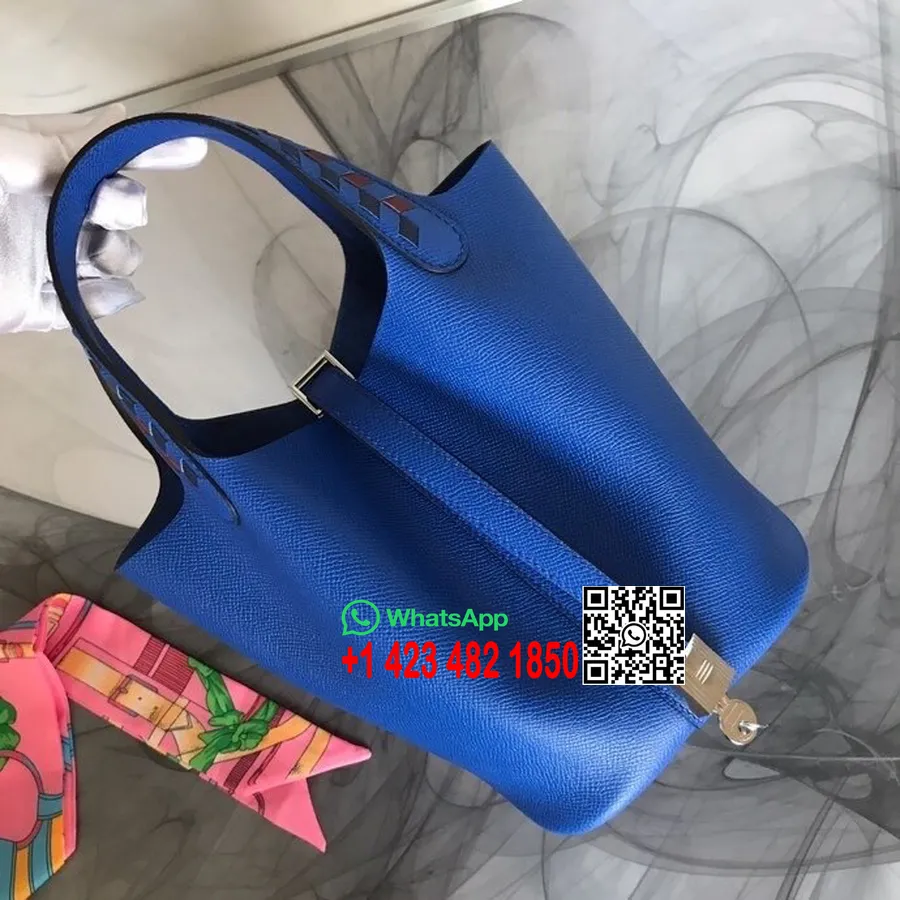 Tas Kunci Hermes Tressage De Cuir Picotin 18cm Perangkat Keras Paladium Kulit Anak Sapi Epsom Jahitan Tangan, Zellige Biru