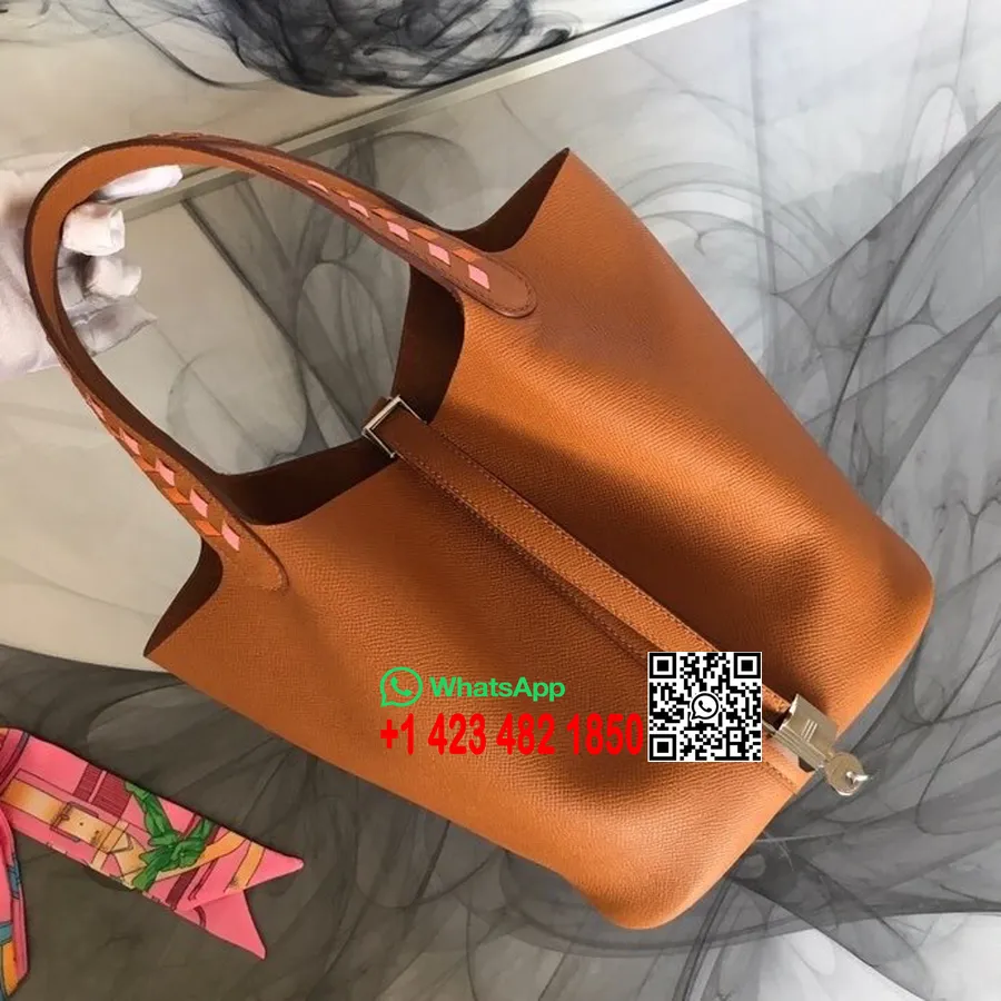 Tas Kunci Hermes Tressage De Cuir Picotin 22cm Perangkat Keras Paladium Jahitan Tangan Kulit Anak Sapi Epsom, Emas