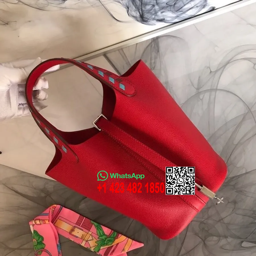 Hermes Tressage De Cuir Picotin Lock Bag 18 Cm Teľacia Koža Ručne šitý Paládiový Hardvér, Rouge Coeur