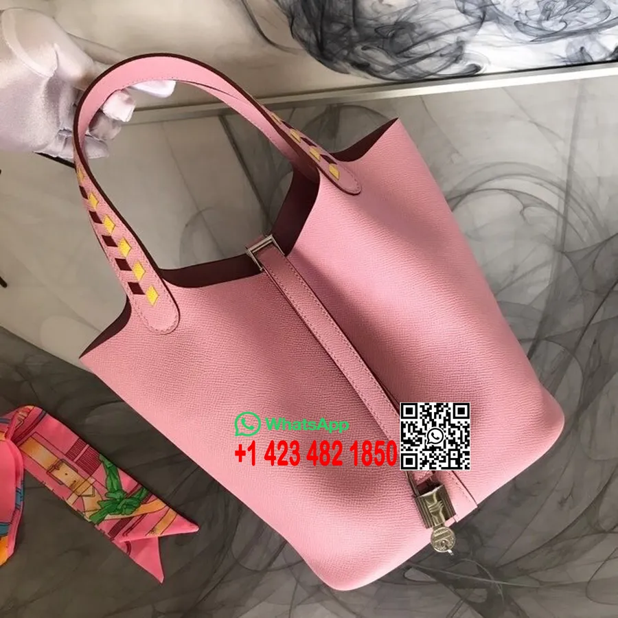 Hermes Tressage De Cuir Picotin Lock Laukku 18cm Epsom Vasikannahka Käsin Ommeltu Palladium Laitteisto, Mauve Sylvestre