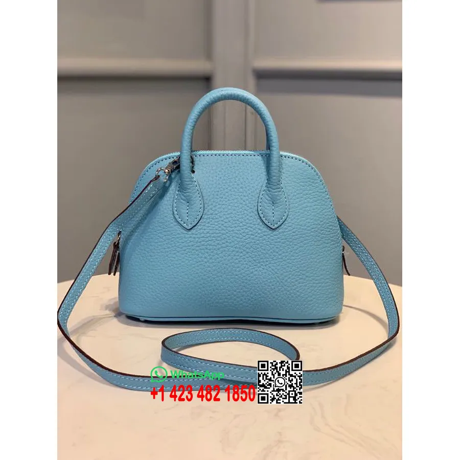 Hermes Mini Bolide 18cm Chevre δέρμα κατσικίσιο δέρμα ασημένιο, μπλε τζιν