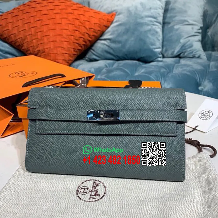 Hermes Kelly Cüzdan 20cm Epsom Deri Gümüş Donanım, Mavi Jean