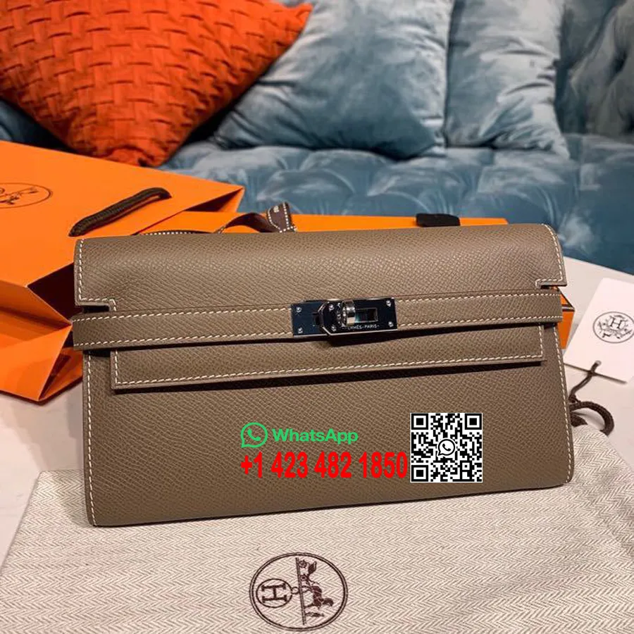 Dompet Hermes Kelly 20cm Perangkat Keras Kulit Epsom Perak, Etain