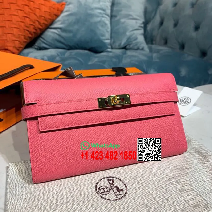 Dompet Hermes Kelly Perangkat Keras Emas Kulit Epsom 20cm, Lipstik Mawar