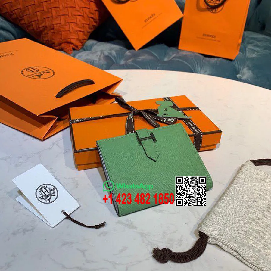 Hermes Kompakt Ayı Cüzdan 12 Cm Epsom Deri Gümüş Donanım, Yeşil/açık Mavi