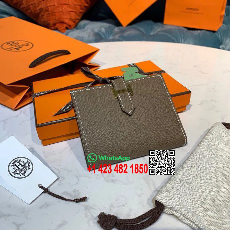 Hermes Kompakt Bearn Pénztárca 12 Cm-es Epsom Bőr Arany Hardver, Etoupe