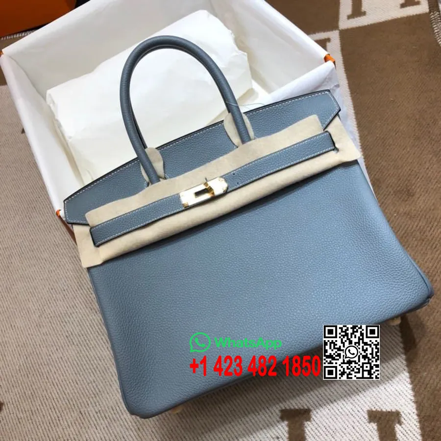 Hermes Birkin Tas Kulit Anak Sapi Togo 35cm Jahitan Tangan Perangkat Keras Emas, Biru Lin J7