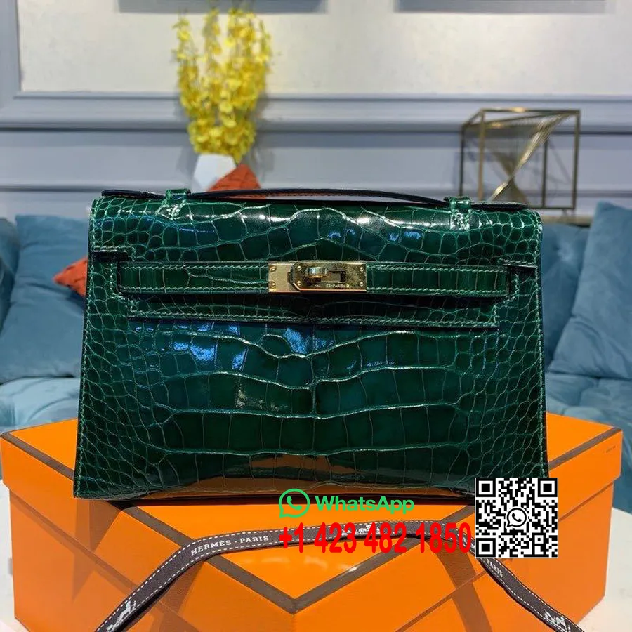 Torbica Hermes Kelly Pochette 22 Cm V Obliki Krokodila, Zlato Okovje, Popolnoma Ročno šivano, Vert Fonce