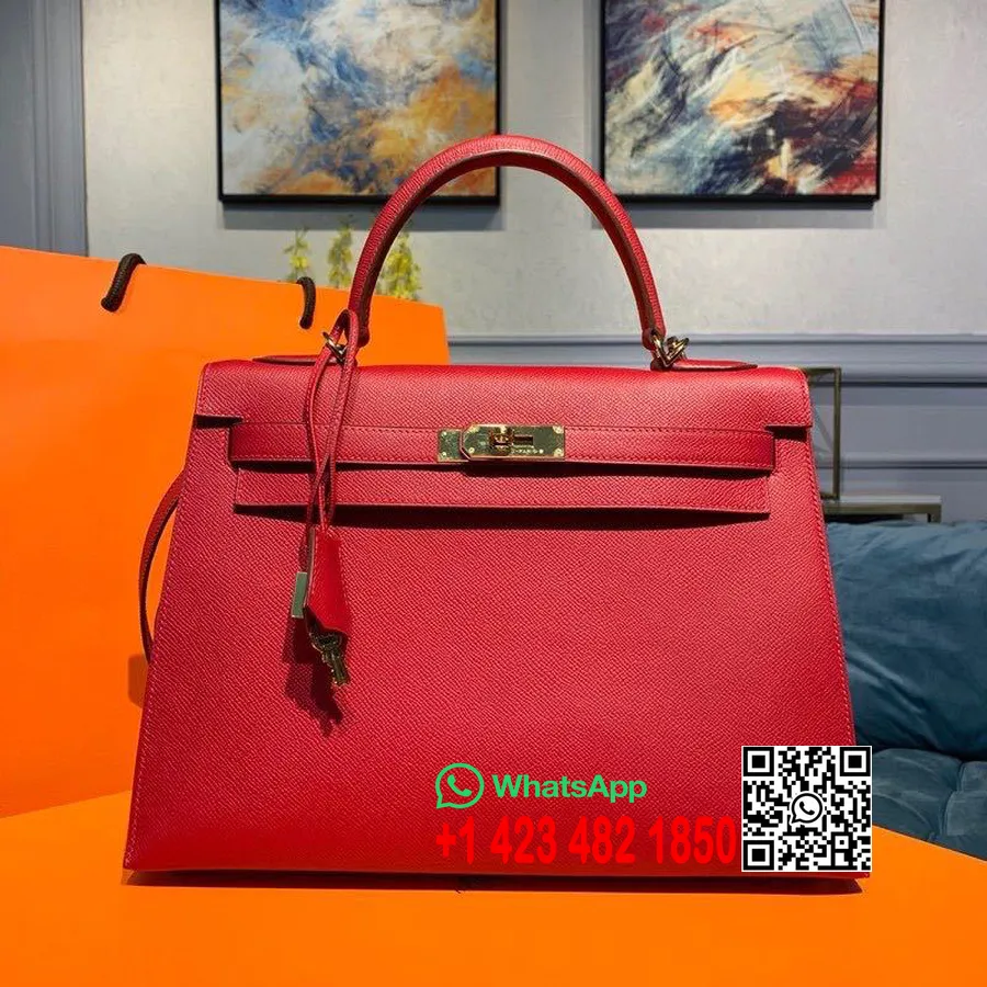 Hermes Kelly Rigide Bag 32 Cm Gull Hardware Togo Skinn Semi Håndsydd, Rouge Garance