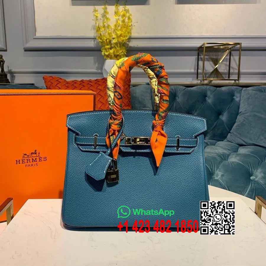 Hermes Birkin çanta 25cm Altın Donanım Togo Deri Yarı El Dikişli, Mavi Jean