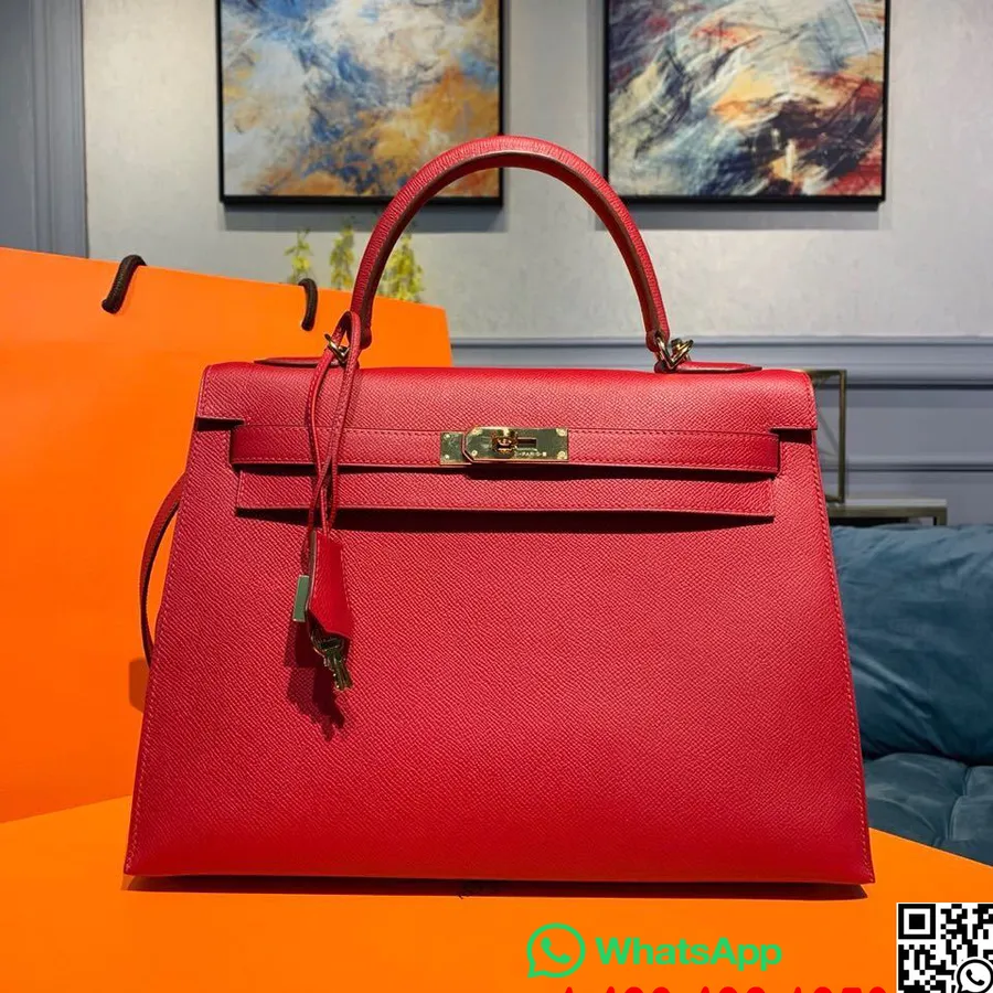 Hermes Kelly Laukku 32cm Kultalaitteisto Epsom Nahka Täysin Käsin Ommeltu, Rouge Garance