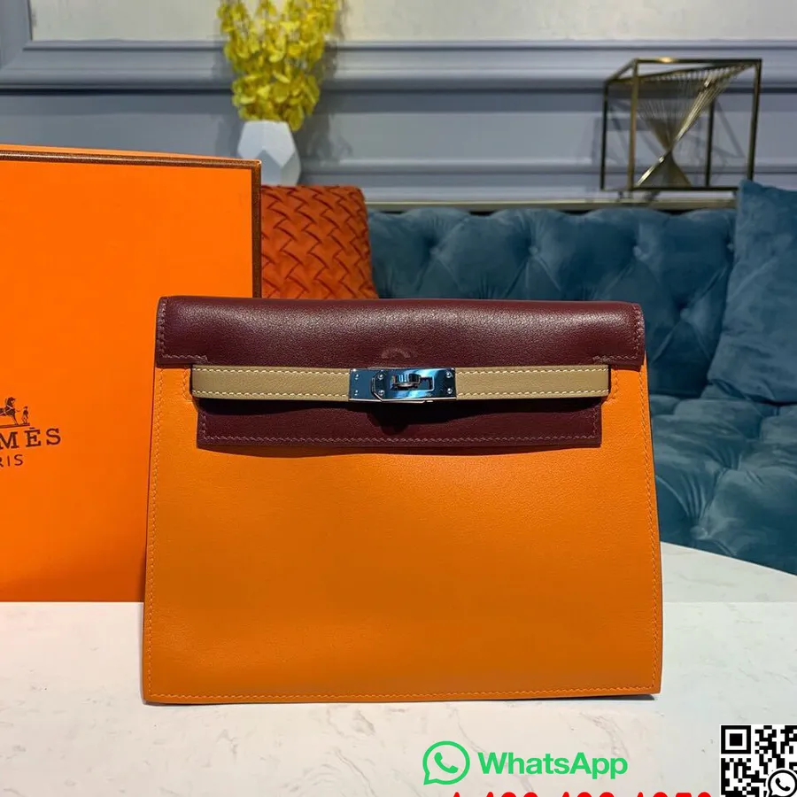 чанта Hermes Kelly Danse 25 см сребърна хардуерна бърза кожа, полу-ръчно зашита, оранжево/бордо/тренч