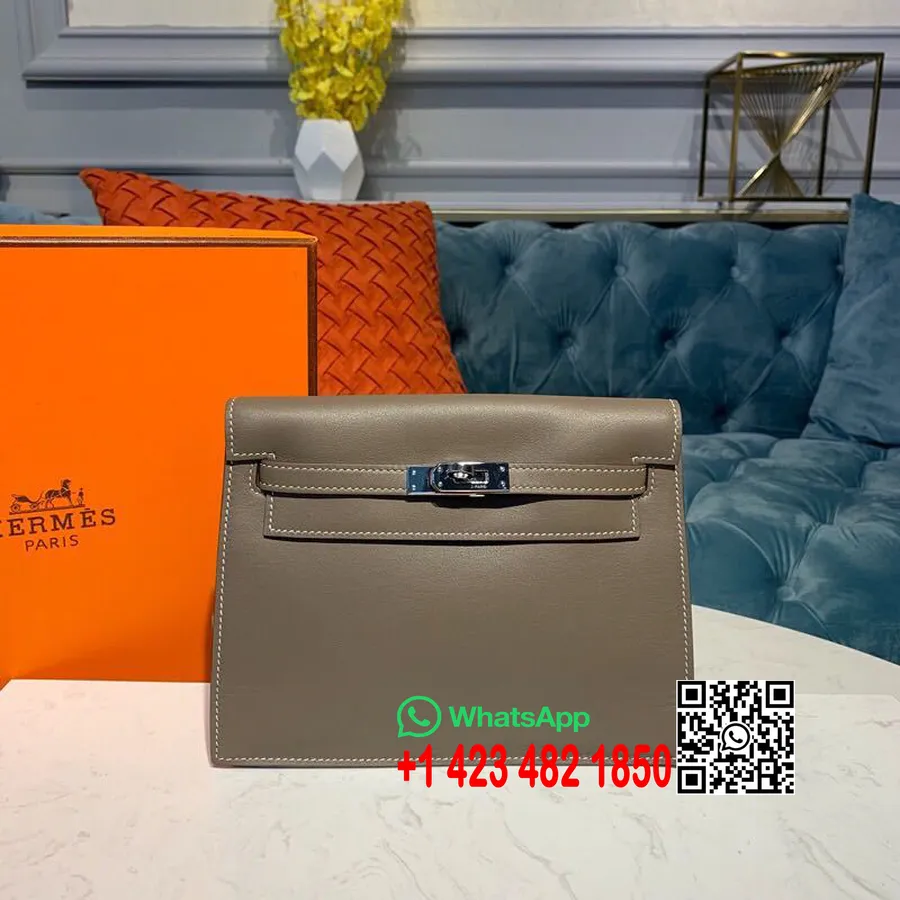 Tas Hermes Kelly Danse 25cm Paladium Hardware Swift Kulit Semi Jahitan Tangan, Etoupe