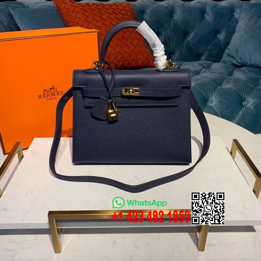 Hermes Kelly 25cm Epsom Çanta Yarı El Dikişli Altın Donanım, Mavi Safir