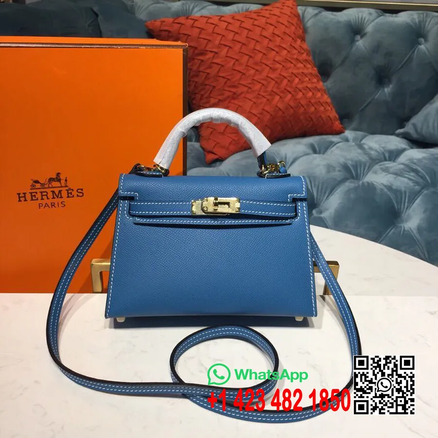 Hermes Mini Kelly 20cm Epsom El Dikişli Altın Donanım, Mavi Zanzibar