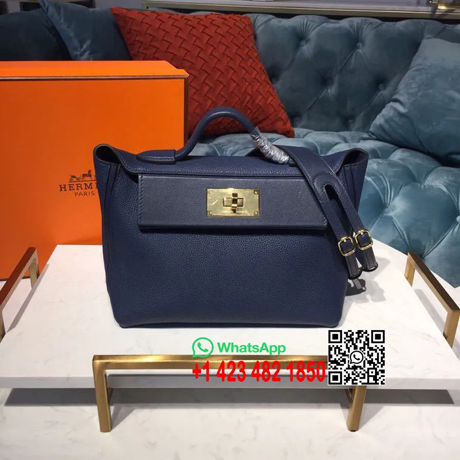 Tas Hermes 24/24 Taurillon Clemence Perangkat Keras Emas Jahitan Tangan, Biru Tua