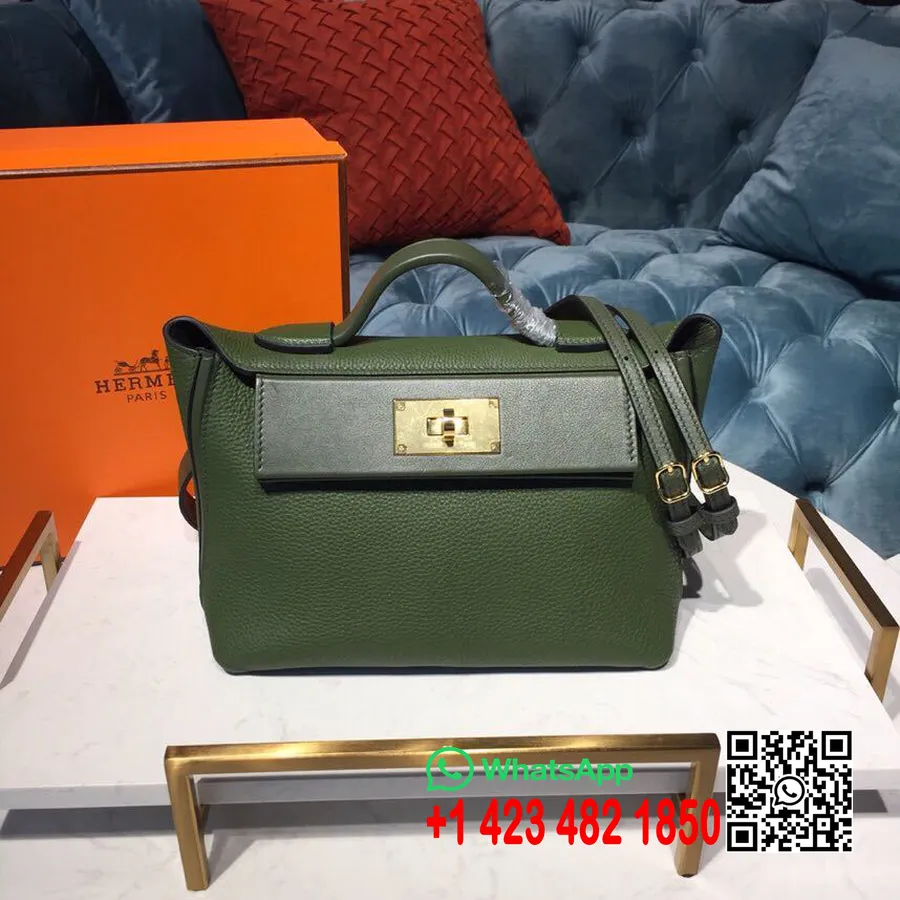 Tas Hermes 24/24 Taurillon Clemence Perangkat Keras Emas Jahitan Tangan, Hijau