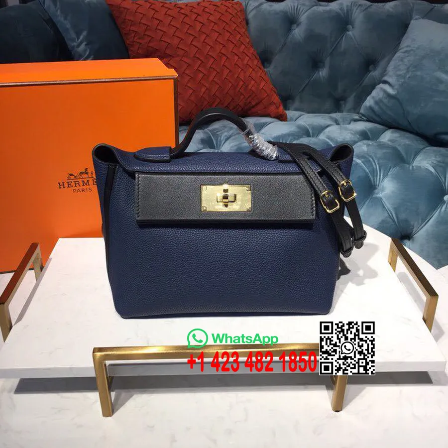 Tas Hermes 24/24 Taurillon Clemence Perangkat Keras Emas Jahitan Tangan, Biru Tua/hitam