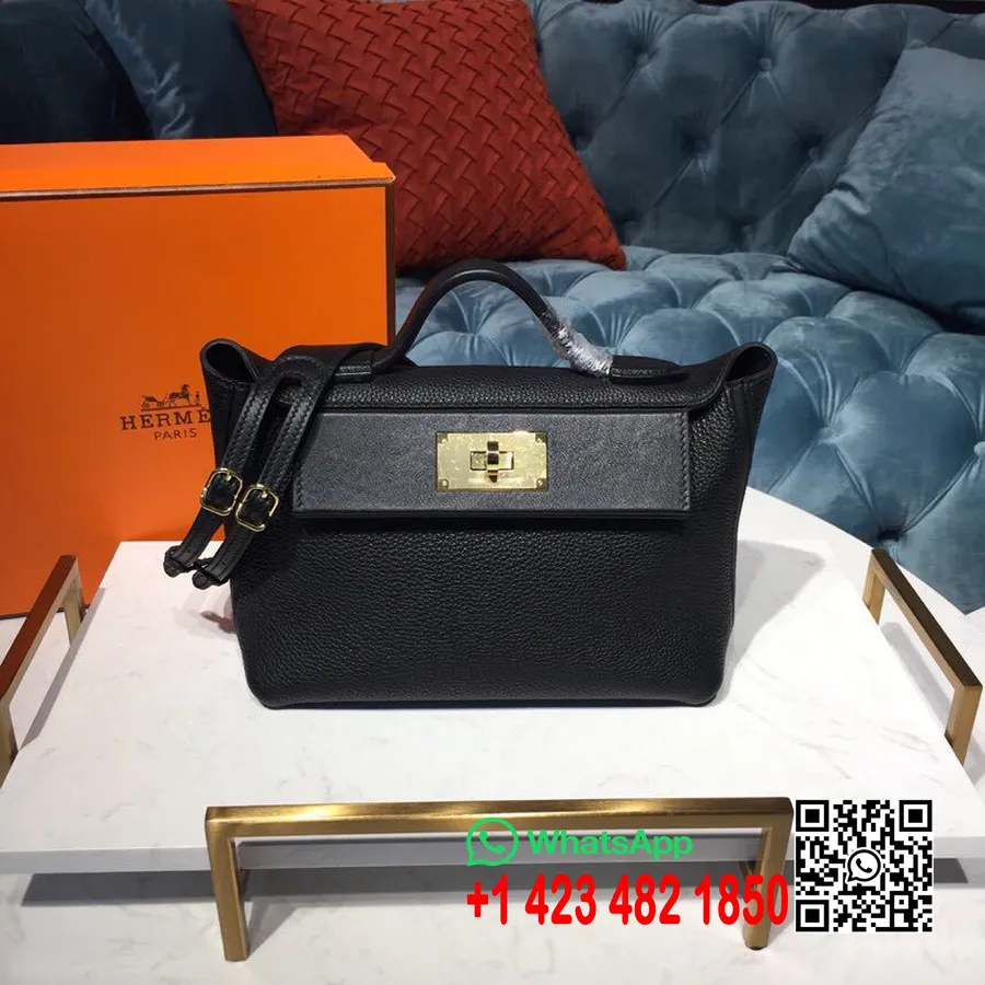 Tas Hermes 24/24 Taurillon Clemence Perangkat Keras Emas Jahitan Tangan, Hitam