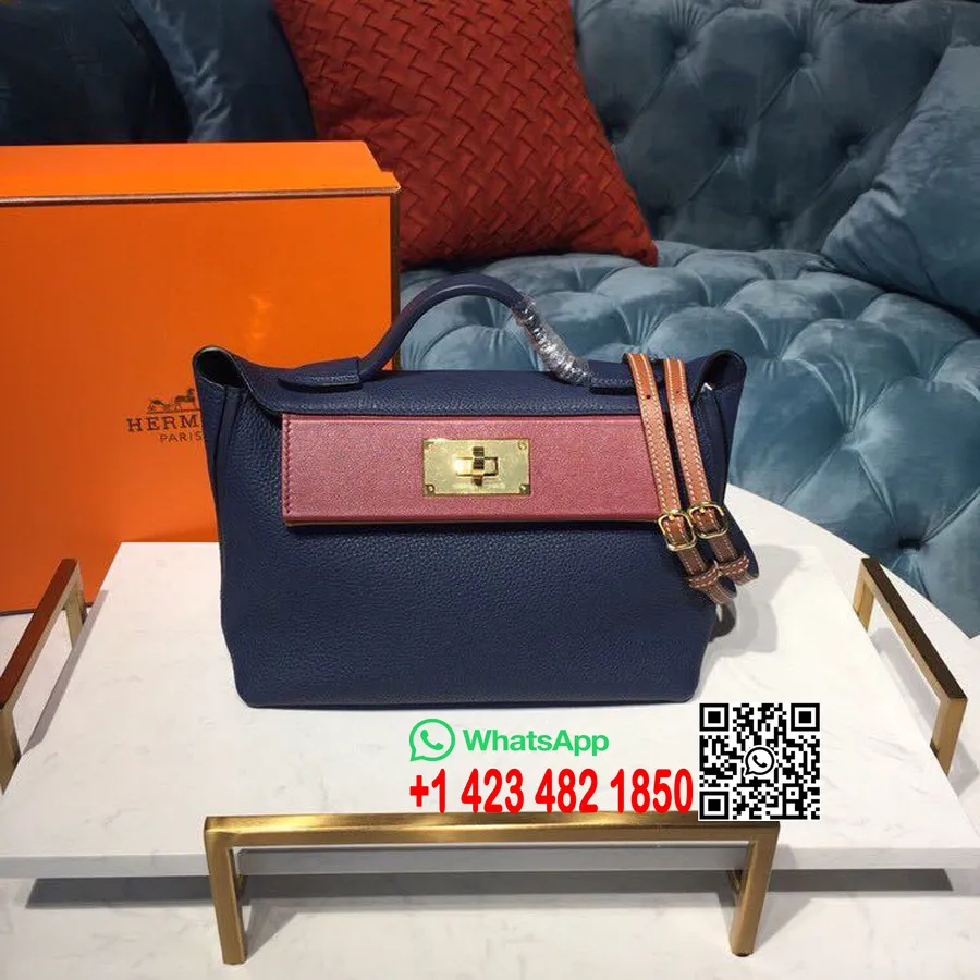 Tas Hermes 24/24 Taurillon Clemence Perangkat Keras Emas Jahitan Tangan, Biru Tua/merah Anggur