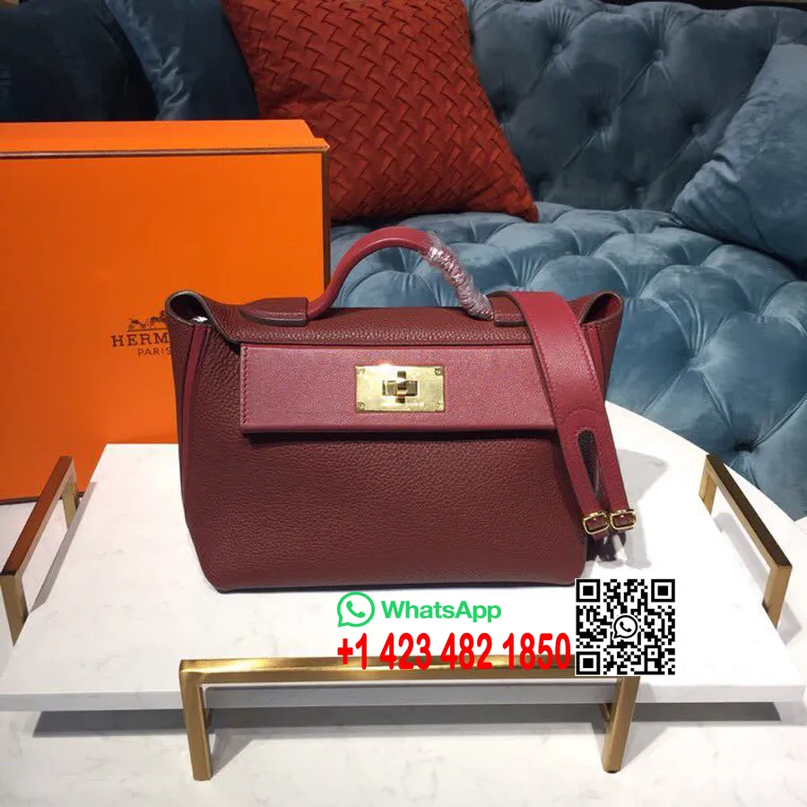 Hermes 24/24 Taske Taurillon Clemence Håndsyet Guld Hardware, Bordeaux