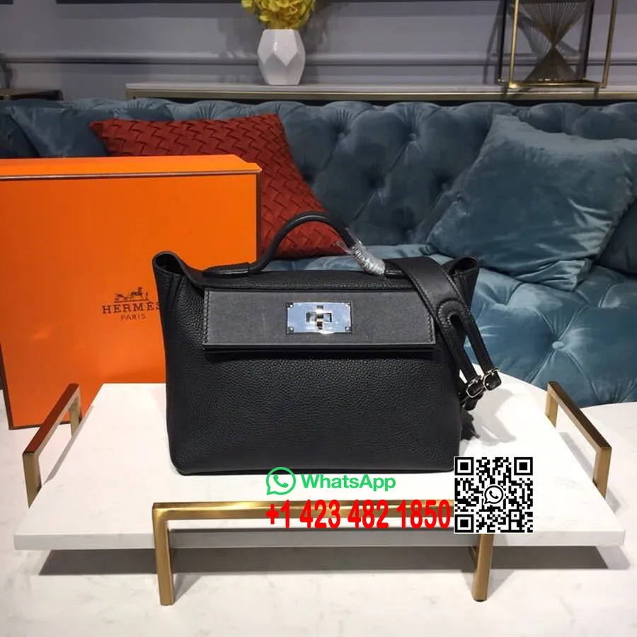 Hermes 24/24 Tas Taurillon Clemence Perangkat Keras Paladium Jahitan Tangan, Hitam