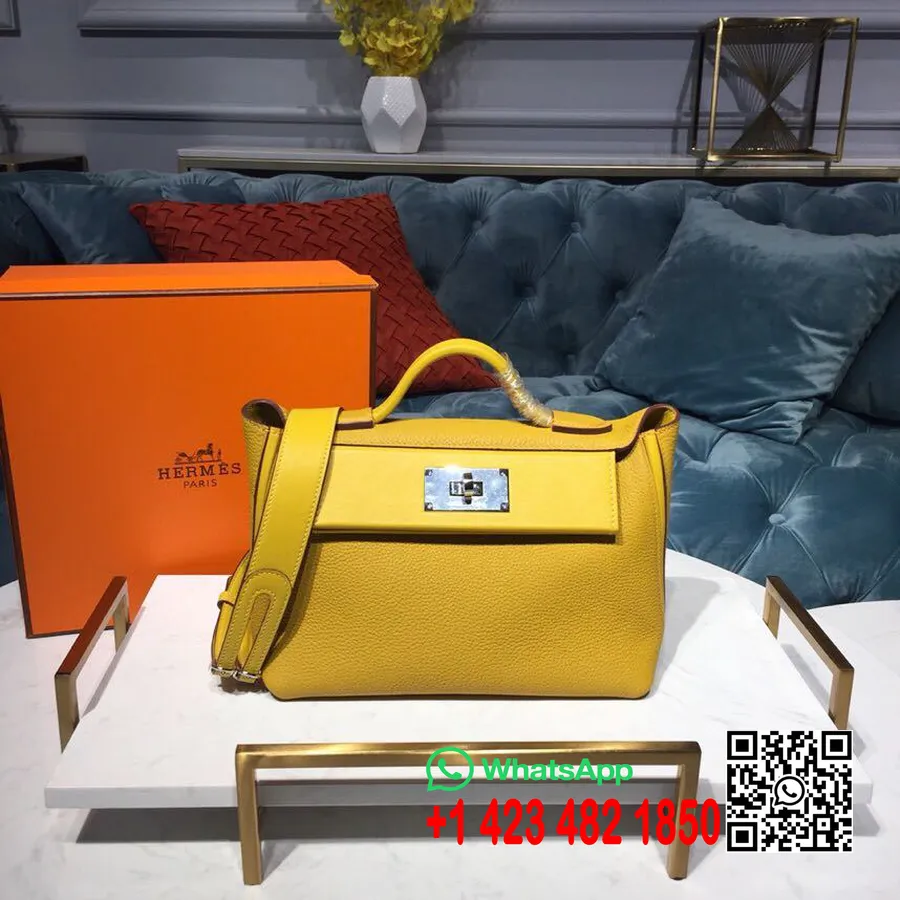 Hermes 24/24 Tas Taurillon Clemence Perangkat Keras Paladium Jahitan Tangan, Kuning Ambre