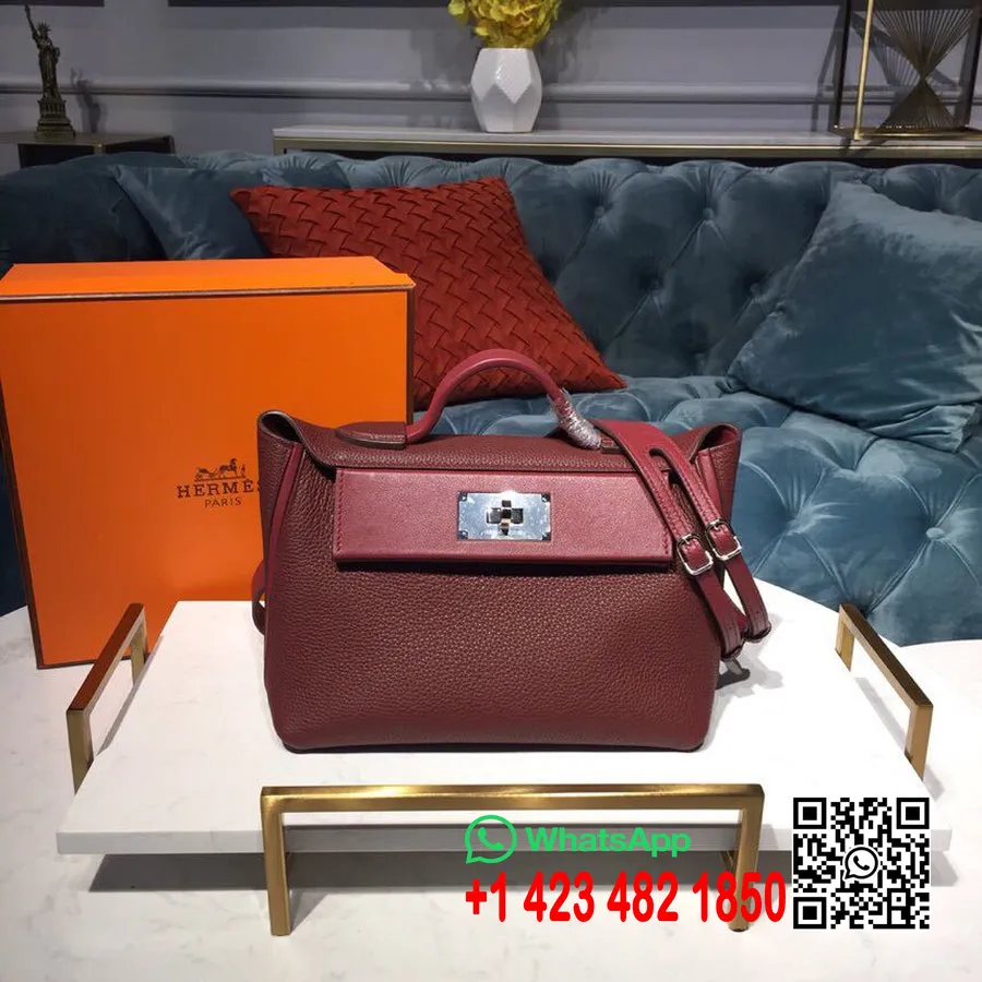 Hermes 24/24 Taske Taurillon Clemence Håndsyet Palladium Hardware, Bordeaux