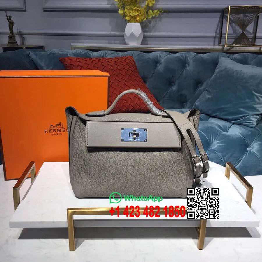 Hermes 24/24 Tas Taurillon Clemence Perangkat Keras Paladium Jahitan Tangan, Abu-abu