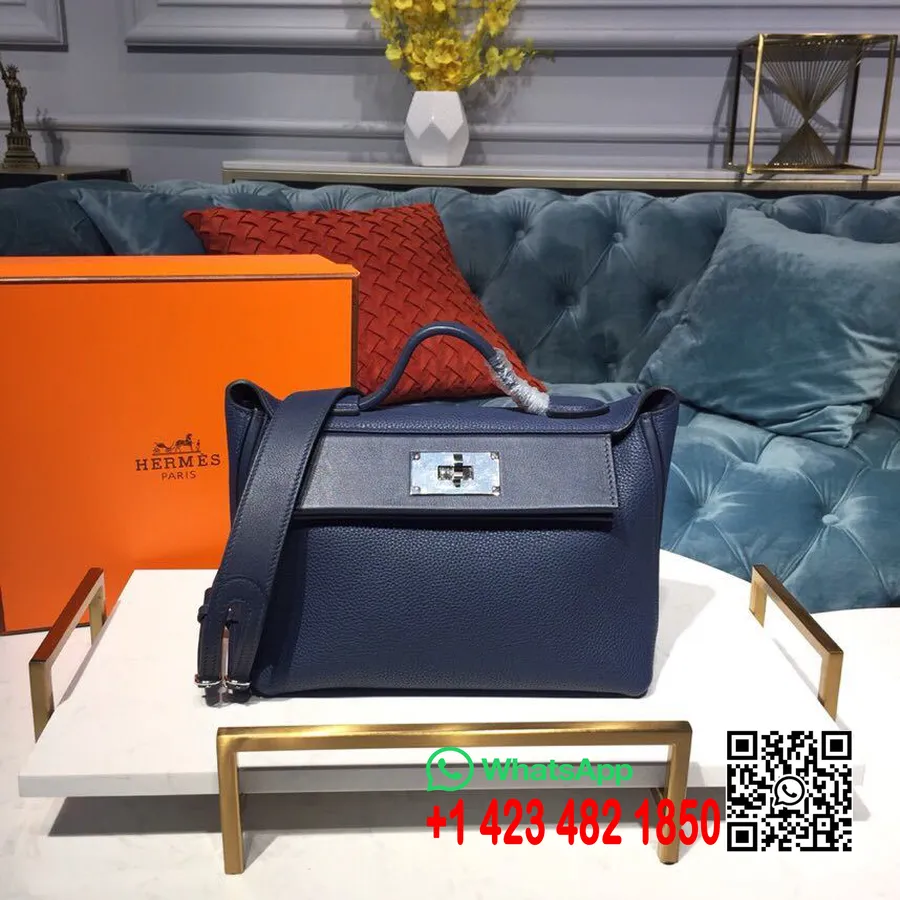 Hermes 24/24 Bag Taurillon Clemence Håndsydd Palladium Hardware, Marine