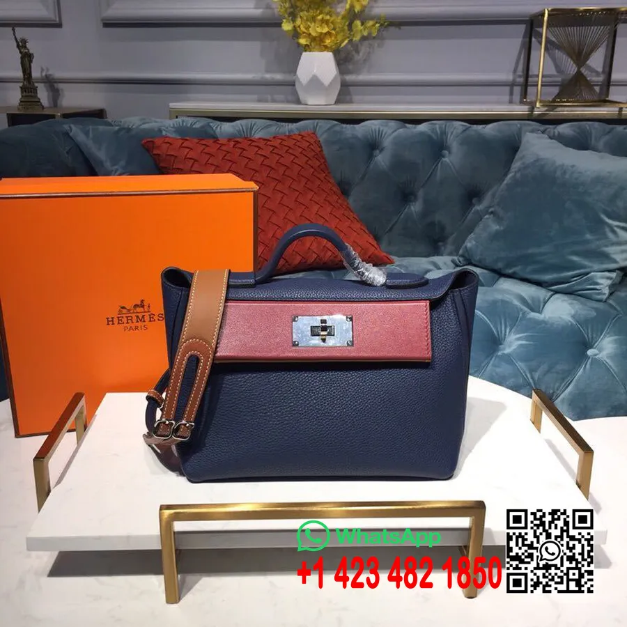 Hermes 24/24 Bag Taurillon Clemence Håndsydd Palladium Hardware, Marine/burgunder