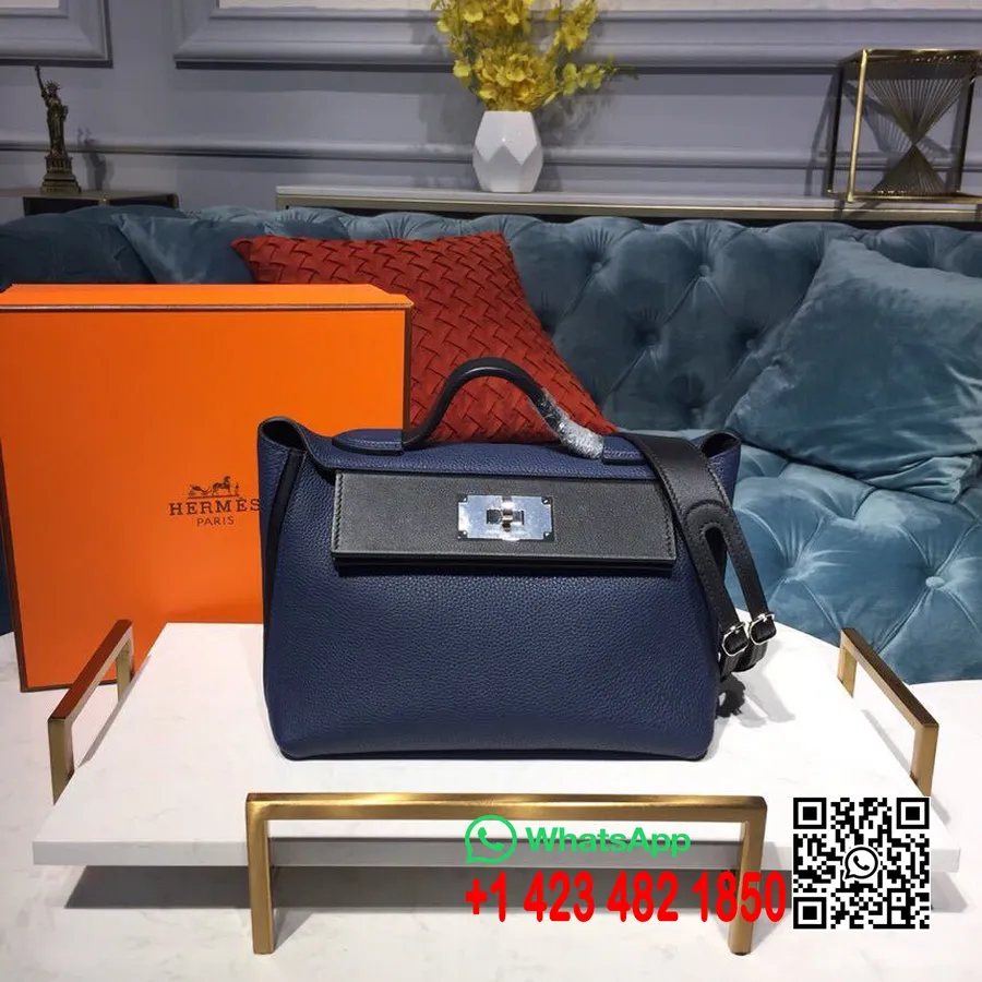 Hermes 24/24 Bag Taurillon Clemence Håndsydd Palladium Hardware, Marine/svart