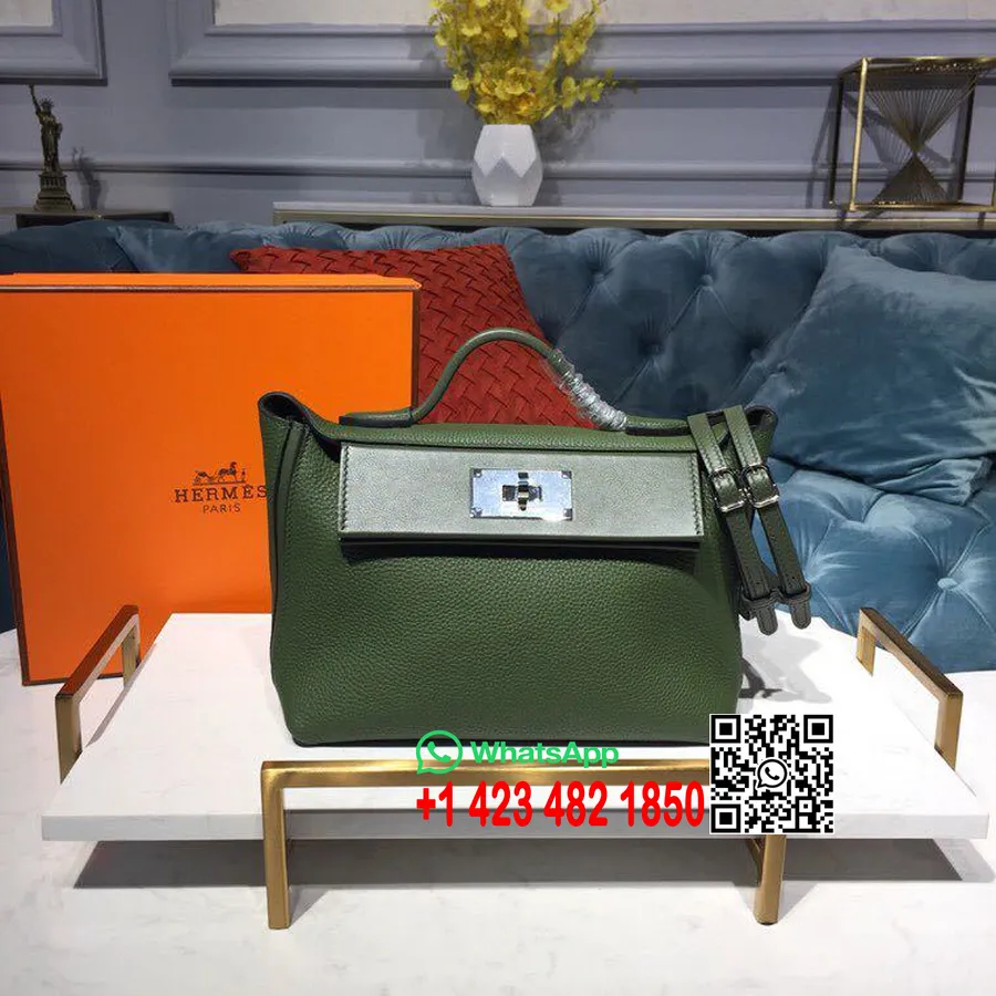 Hermes 24/24 Bag Taurillon Clemence Håndsydd Palladium Hardware, Grønn