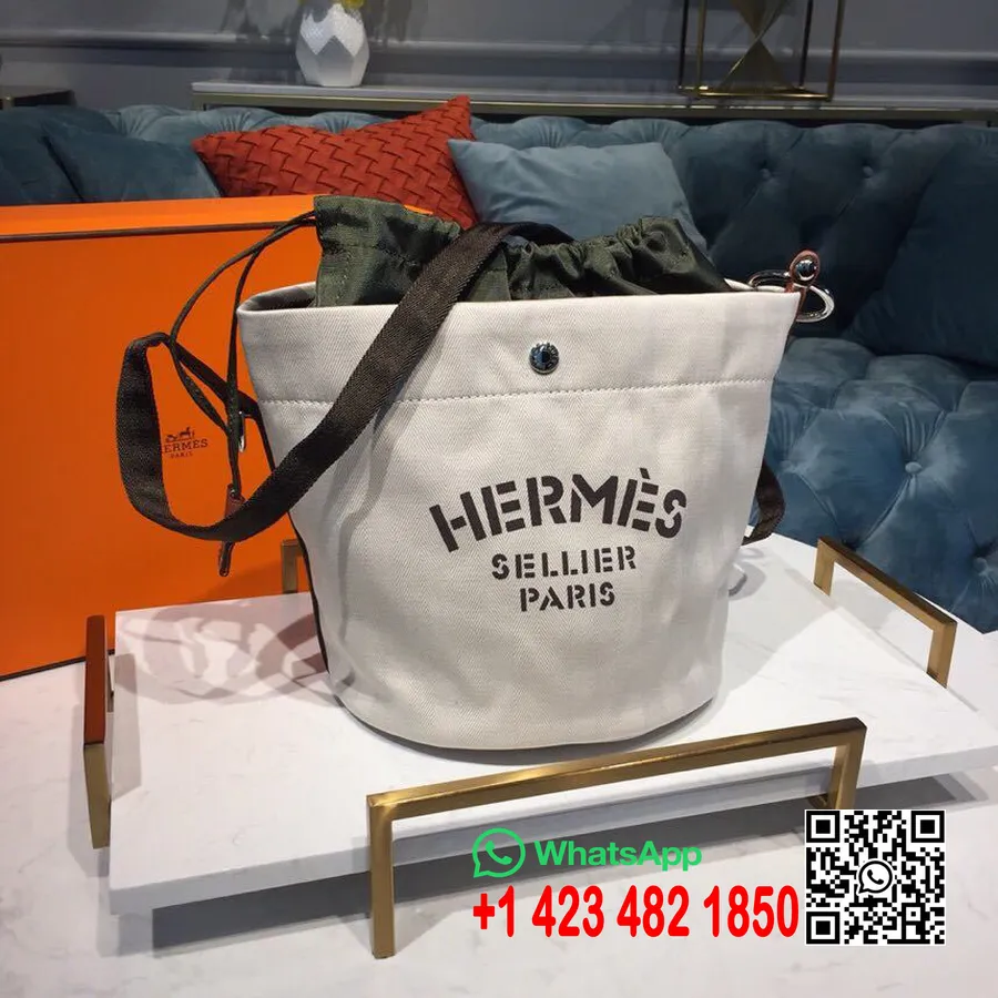 Hermes Sac De Pansage Bøttepose Med Snøring Gull Hardware, Krembrun