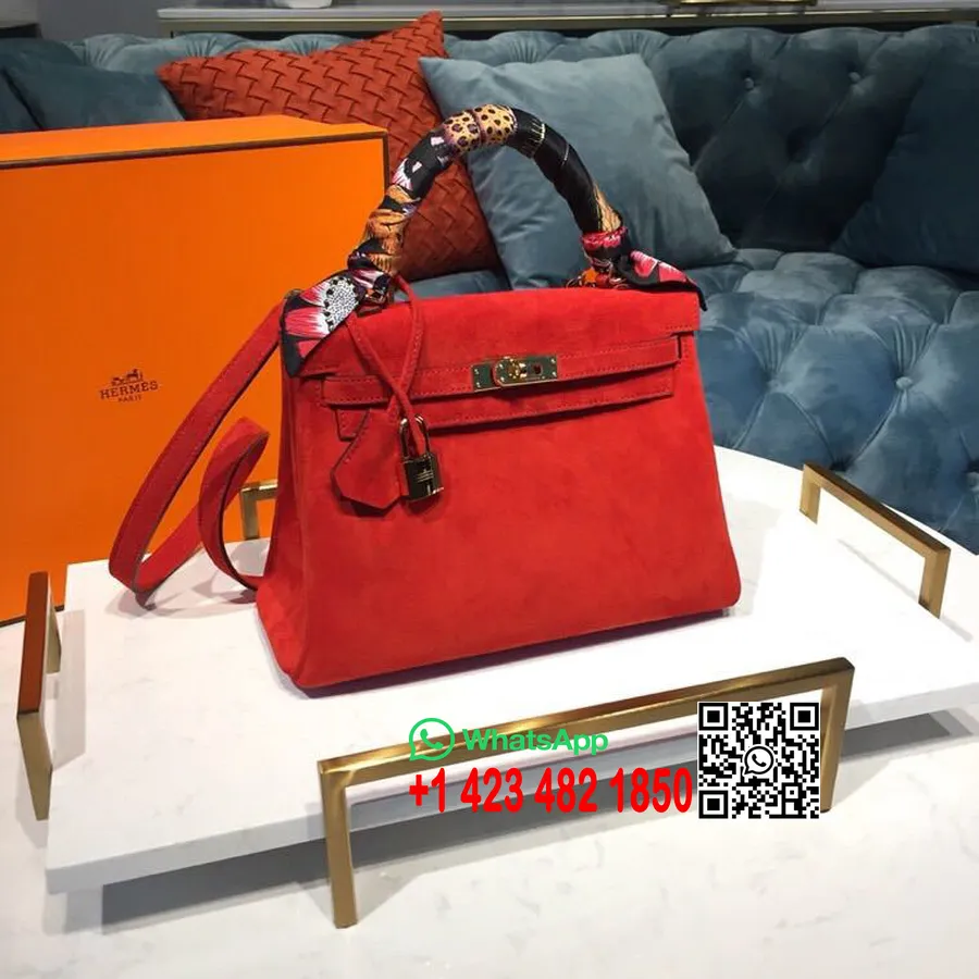 Hermes Kelly 25 Cm Grizzly Mocka I Kalvskinnsväska Handsydd Guldbeslag, Rouge Tomate S5