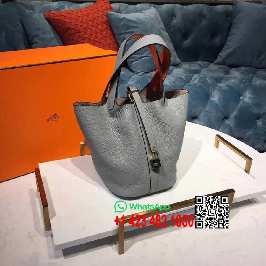 Hermes Picotin Lock-Tasche, 18 Cm, Togo-Kalbsleder, Handgenähte Palladium-Hardware, Blaues Lin