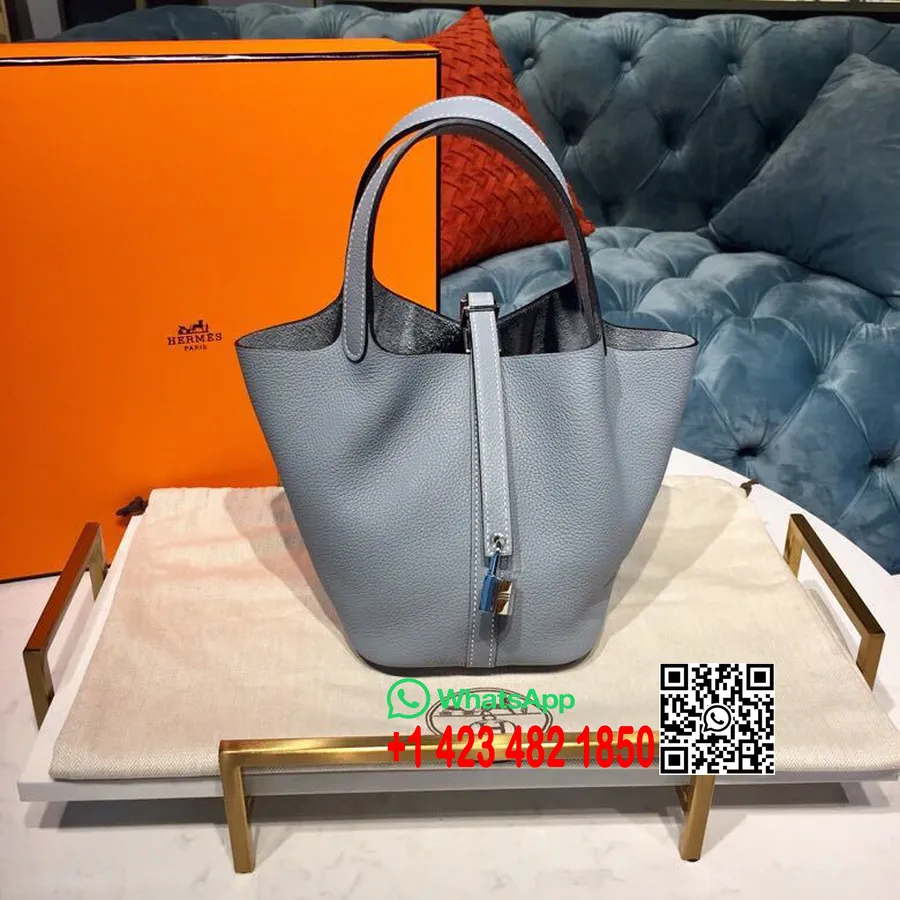 Hermes Pikotinlås 18 Cm Togo Kalvskinnsväska Handsydd Palladiumbeslag, Bleu Lin