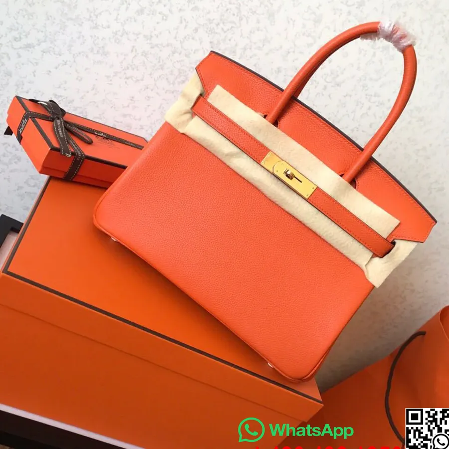 Hermes Birkin 30cm Togo Borjúbőr Táska Félig Kézzel Varrott Arany Hardver, Narancssárga Mák 8v