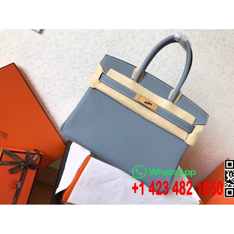 Hermes Birkin 30cm Sac En Cuir De Veau Togo Matériel Doré Semi-cousu à La Main, Lin Bleu J7