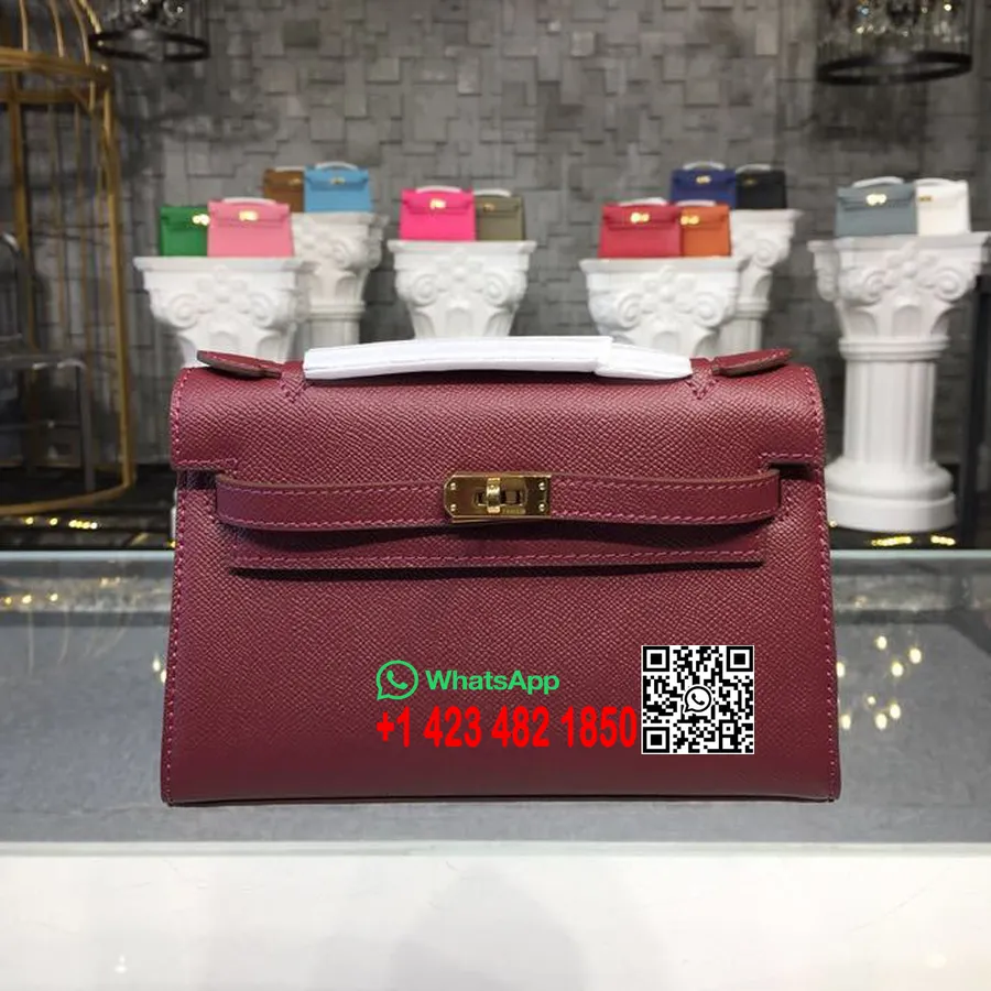 Hermes Mini Kelly Kp Pochette 22cm Epsom δέρμα μοσχαριού χρυσό υλικό ραμμένο στο χέρι, μπορντό